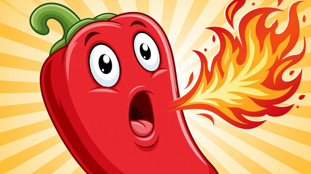Cartoon red chili pepper character breathing fire with surprise expression  