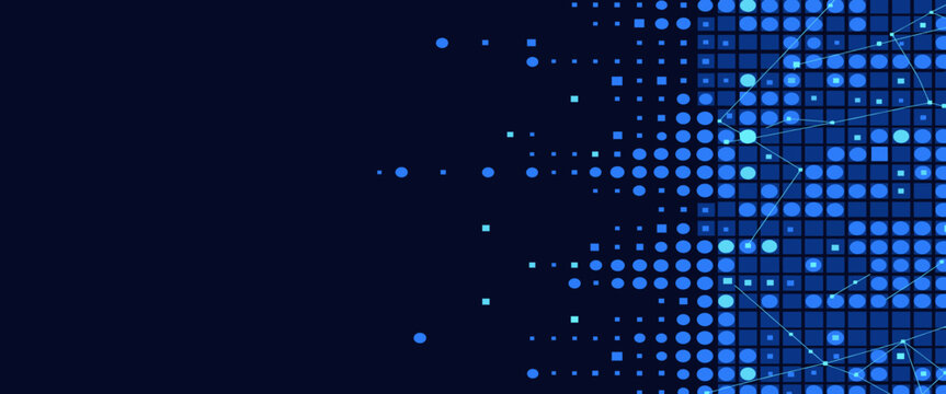 Abstract digital network with glowing blue dots and squares against dark background representing data flow