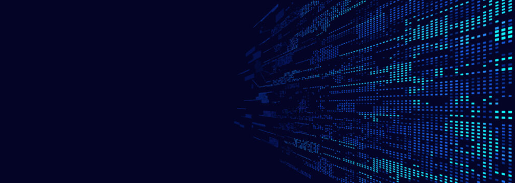 Abstract digital data stream in deep blue darkness with glowing blue squares