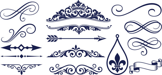 Collection of ornate dark blue vintage decorative elements, flourishes, dividers, arrows, fleur de lis, banner, swirls. © MdJobaidul