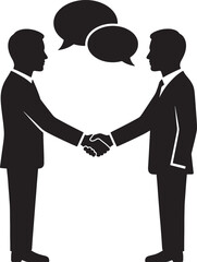 Fototapeta premium Business handshake and dialogue between two men, a black silhouette of a partnership agreement with speech bubbles against a transparent background.