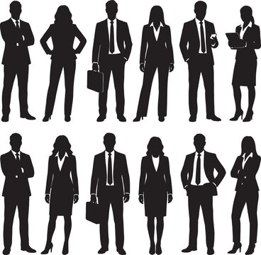 Diverse group of business people, a collection of male and female professional silhouettes in various poses representing a corporate workforce.