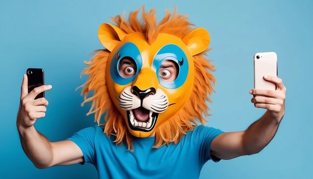 Portrait of weird authentic guy in lion mask make selfie enjoy crazy festival show thumbup symbol isolated over blue color backg, created with generative ai