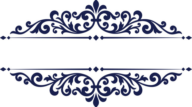 Elegant dark blue ornate flourish frame and divider design, vintage scrollwork, detailed decorative elements, retro style.