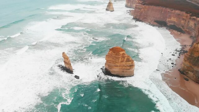 The Twelve Apostles, Port Campbell National Park. Collection of limestone stacks off the shore of Victoria coastline. Slow motion