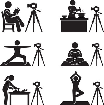 Set of stick figure pictograms showing people recording video content for social media or blogging while performing everyday activities on transparent background.