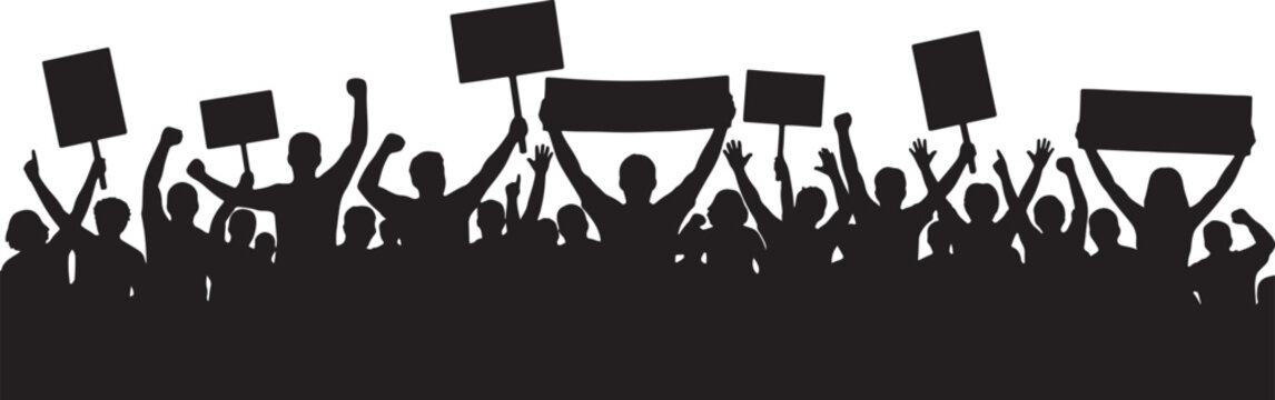 Group of protestors holding up blank signs and banners during a political demonstration, collective action.