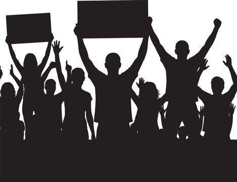 Diverse group of people silhouette holding protest signs and raising arms in air representing social movement or cheering crowd at outdoor festival performance event.