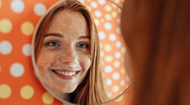 Close up of a smiling young woman with red hair and freckles in a mirror. Reflection of a happy female face against an orange patterned background. Self care and skin positivity concept