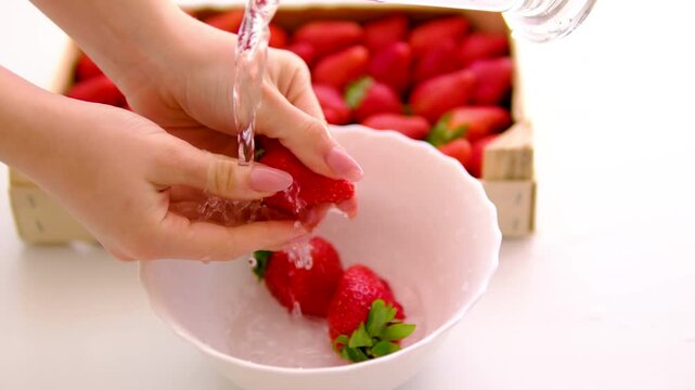 Washing fresh strawberries in white bowl with water in bright clean kitchen