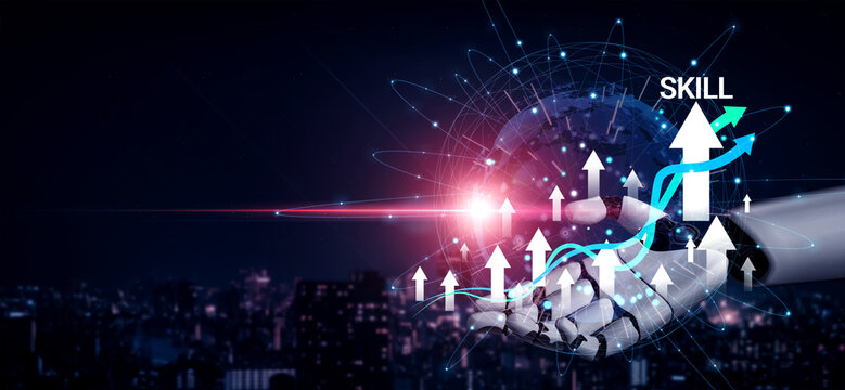 Digital Hand Reaching for Global Skills, Growth Arrows and Connections in Futuristic City Background Haptic.