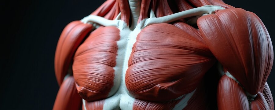 Detailed close-up pectoral chest muscle anatomy. Shows human pectoral major muscles deltoid shoulder connective tissue. Medical skeletal system part.