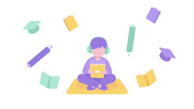 Animated flat vector illustration of a kid studying with a tablet, featuring floating books, pencils, and graduation caps, isolated on a white background, seamless loop 4K video