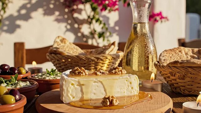 Gourmet Cheese Platter with Honey, Walnuts, and Olive Oil in Rustic Outdoor Setting with Fresh Herbs and Olives on a Wooden Table