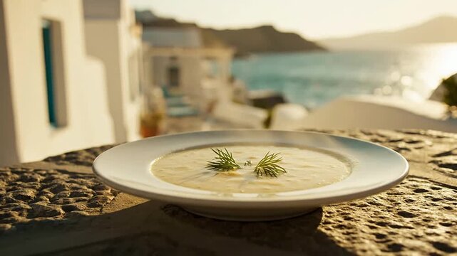 Gourmet Creamy Soup Garnished With Fresh Herbs Against Serene Coastal Sunset Background In Mediterranean Setting
