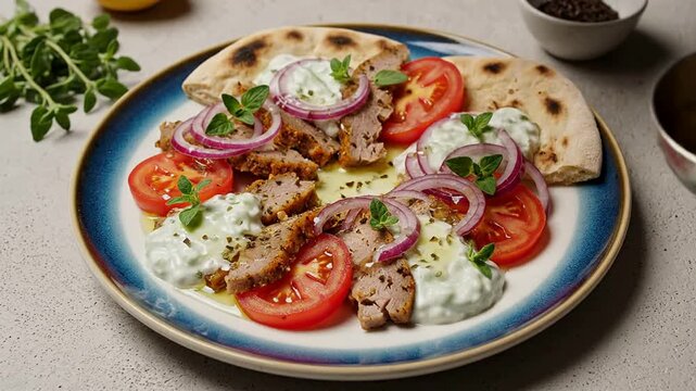 Gourmet Mediterranean Gyros Plate With Fresh Ingredients, Tzatziki Sauce, Olive Oil Drizzle, And Vibrant Seasonal Vegetables