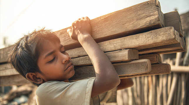 Child carrying heavy wooden planks on shoulder, poverty and vulnerable childhood awareness, social inequality, humanitarian documentary portrait, difficult living conditions, child