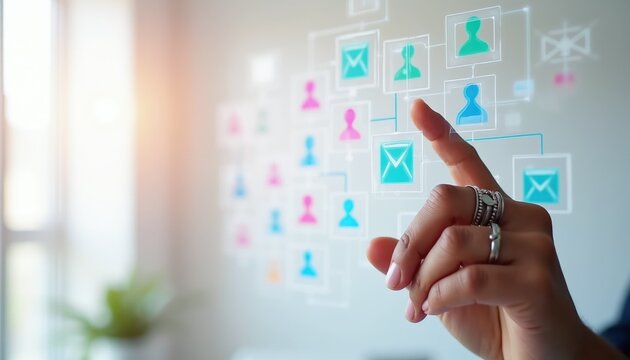 Person touches digital interface showing org chart. Icons represent people, mail, and connections. Data management or team structure shown on screen.