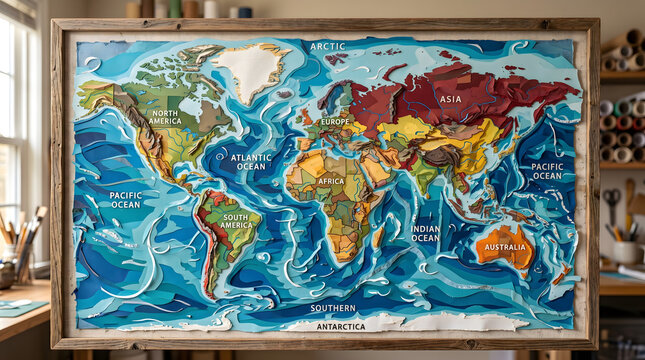 layered world map art with textured oceans and continents