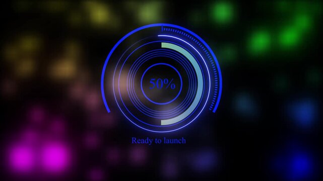 Futuristic Neon Circular Percentage Loader Animation, Glowing Blue Progress Ring Interface, Digital HUD Loading Indicator, Technology Dashboard Element, Modern UI UX Progress Tracking Design.
