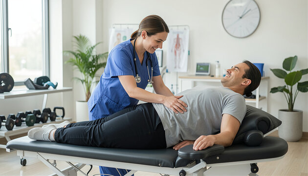 Physical therapist assisting patient with lower back rehabilitation exercises in modern clinic, realistic healthcare environment, natural expressions, medical wellness concept, professional stock phot