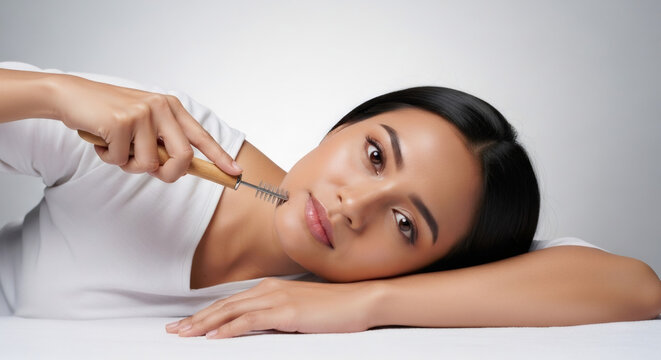 Beautiful woman performing dermaplaning on her neck for smooth and radiant skin.