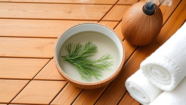 A wooden wellness spa deck made of cedar with a bowl of