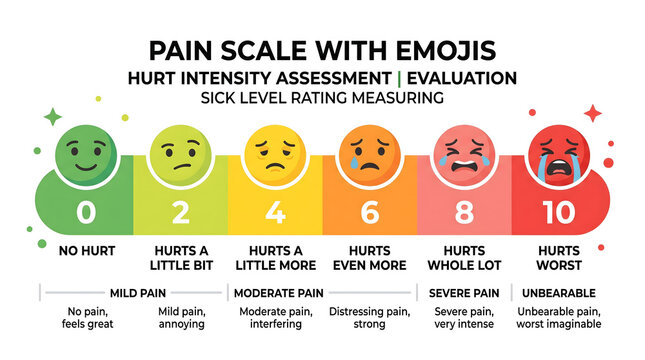 pain scale with emojis hurt intensity assessment sick level rating measuring