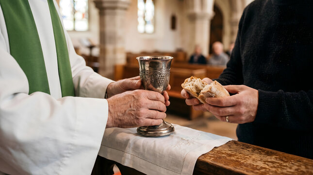 Priest gives communion bread and wine to parishioner
