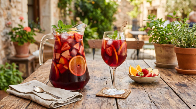 Refreshing sangria pitcher and glass with fruit and ice