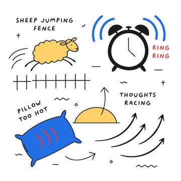 Insomnia causes doodle with sheep clock pillow and racing thoughts