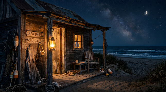 Rustic beach shack at night with starry sky and ocean