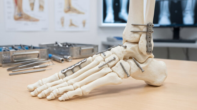 orthopedic foot surgery model with implants and tools