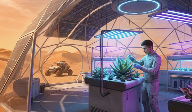 Biologist Tending Succulent inside Geodesic Desert Biolab