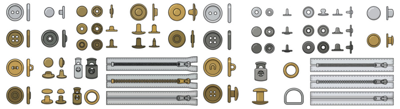 Assorted Sewing Hardware: Buttons, Snaps, Grommets, Rivets, Eyelets and Zippers