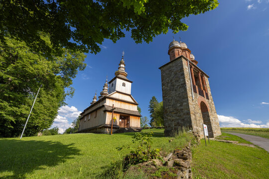 Wooden church and bell tower, Lemko architecture in Poland