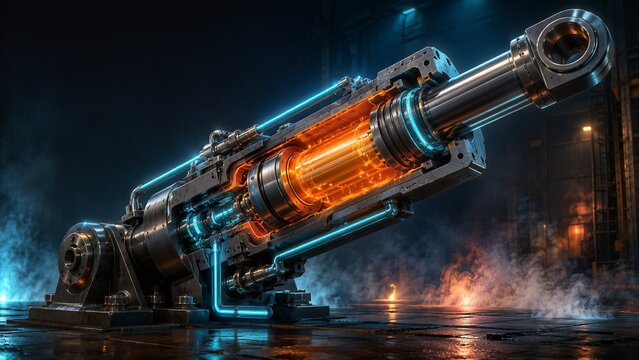 Hydraulic Cylinder Cutaway Cross Section with Orange and Cyan Glow, 3D CGI Render