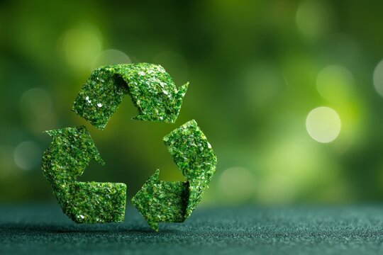 Embracing sustainability: a glimpse at our eco-friendly future. Bright colors. Radiant earth care: a green symbol against lush backdrop. Empty space. Large format.
