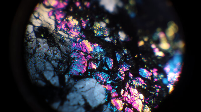 Polarized light microscope view of colorful mineral grains in a thin rock section showing vivid pink blue and yellow hues