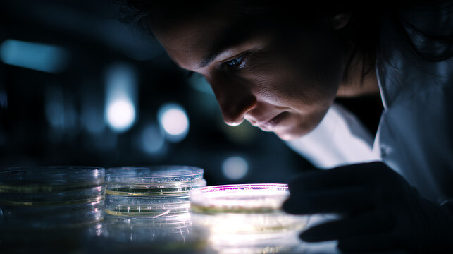 Focused microbiologist closely examining a stack of petri dishes illuminated against a lightbox in a dark laboratory while inspecting bacterial cultures