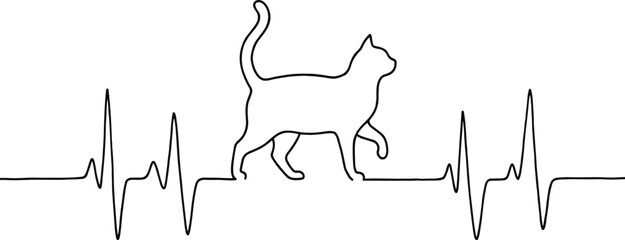 Cat heartbeat lifeline continuous line art illustration with minimalist feline silhouette combined with electrocardiogram ecg wave pulse © IconicCreations
