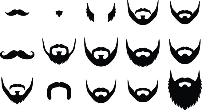 Beard and mustache silhouette collection set of facial hair styles for men barber shop branding and grooming icon design