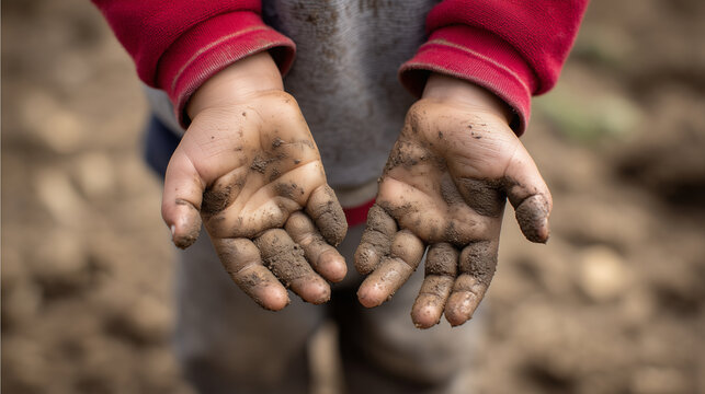 Dirty child hands covered in mud, poverty and vulnerable childhood awareness, humanitarian documentary close up, rural hardship, child rights, social inequality, environmental livi