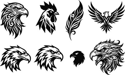 Fototapeta premium Eagle head and falcon silhouettes vector collection featuring aggressive mascot emblems rooster profile and flame feather isolated on white background
