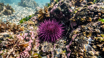 Obraz premium Detailed Marine POV Examining Vibrant Purple Sea Urchin Nestled Between Coastal Underwater Ocean Rocks Safely