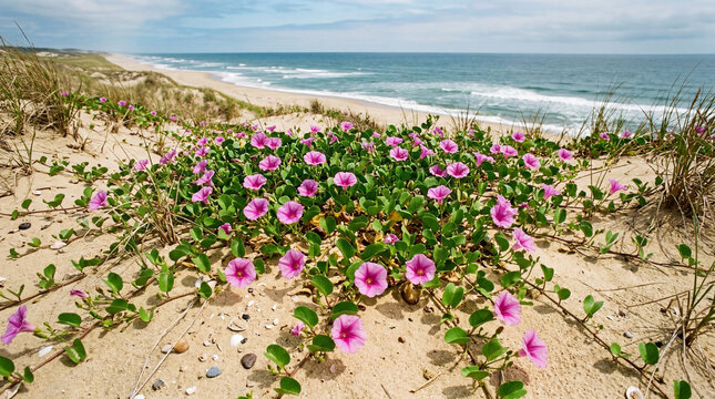 Overhead perspective looking down at a vibrant patch of beach morning glory flowers blooming beautifully