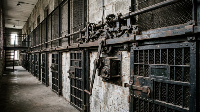 Complex mechanism of large scale master locking bar system built for row of prison cells