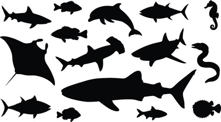 Sea creatures and fish silhouettes vector set with shark whale shark dolphin manta ray tuna and hammerhead shark © IconicCreations