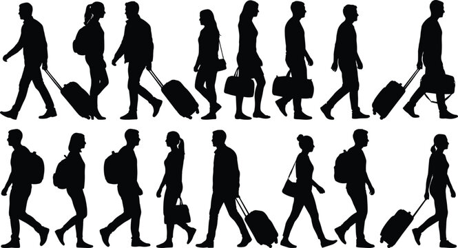 Silhouettes of people walking with suitcases and backpacks set of male and female travelers commuting isolated on white background