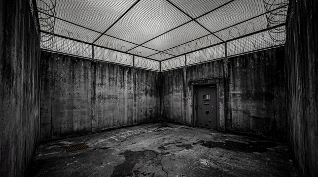 Bleak high walled individual recreation yard designed for solitary confinement inside maximum security prison facility